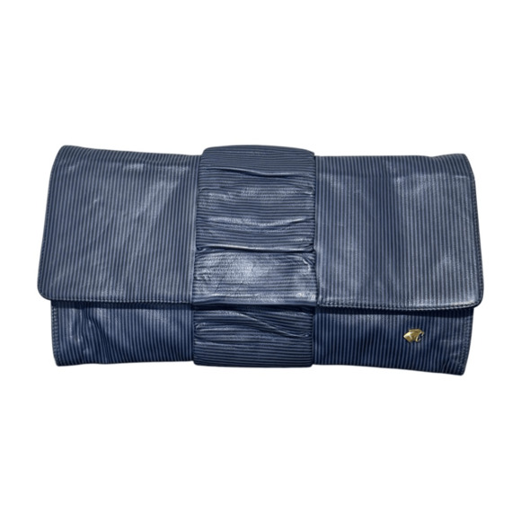 Bagheera Vintage Navy Blue Striped Leather Clutch Snap Closure - Made in Italy - Picture 1 of 12